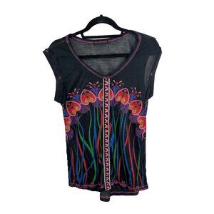Custco Barcelona Thin Black Embroidered Floral Flowy Top Womens Size M